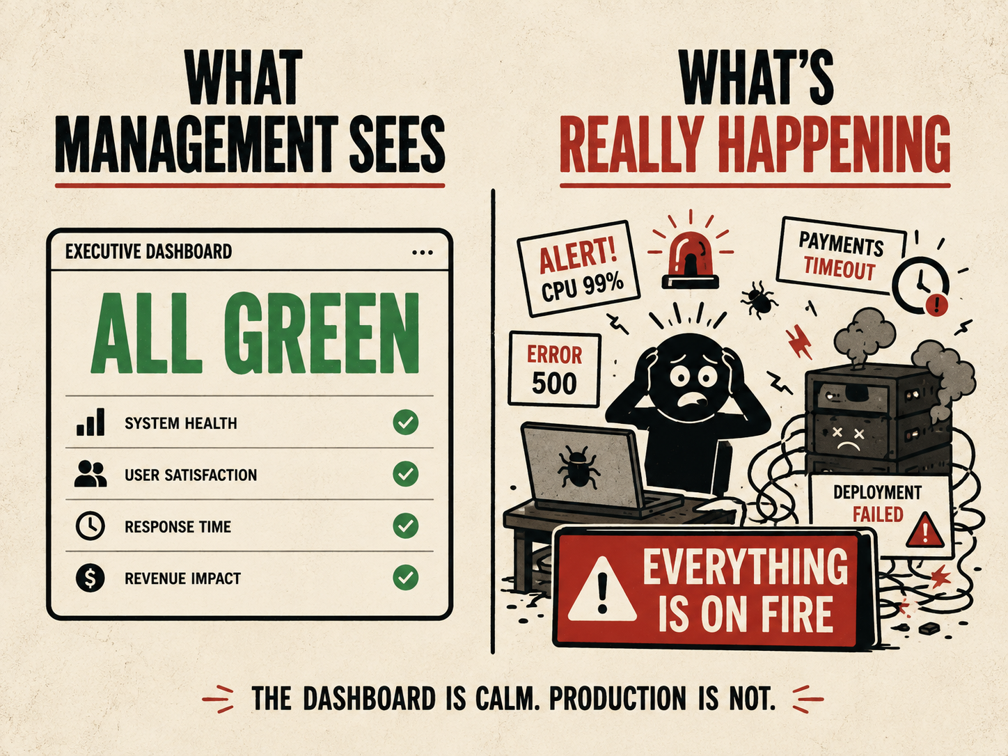 Blame the Tester graphic contrasting an all-green management dashboard with the reality of a failing production system